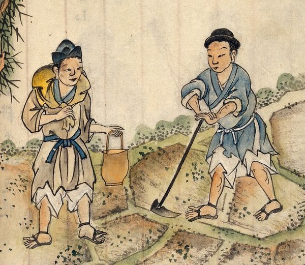 Two classical Chinese farmers with hoe and basket in a field